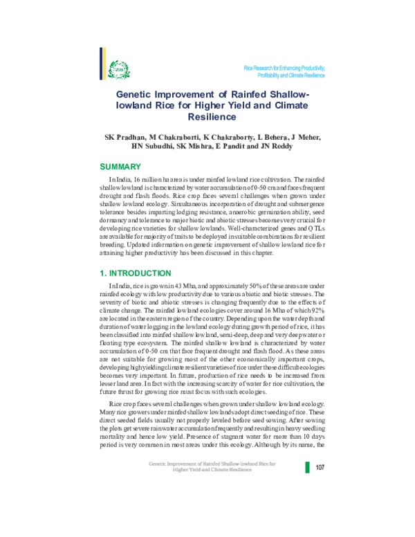 (PDF) Genetic Improvement of Rainfed Shallowlowland Rice for Higher ...