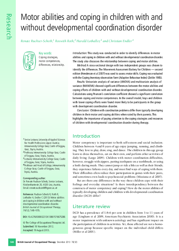 (PDF) Motor abilities and coping in children with and without ...