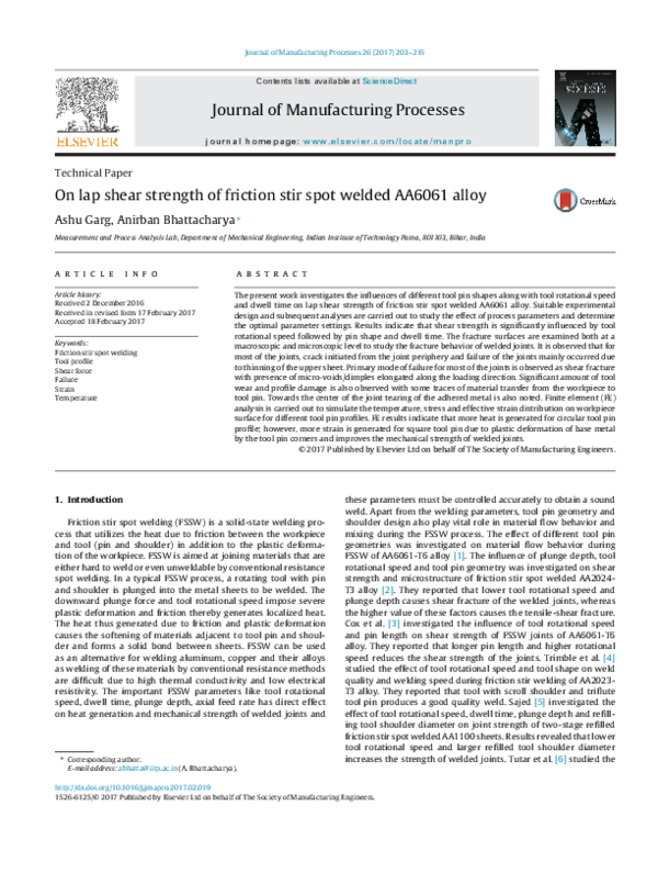 (PDF) On lap shear strength of friction stir spot welded AA6061 alloy