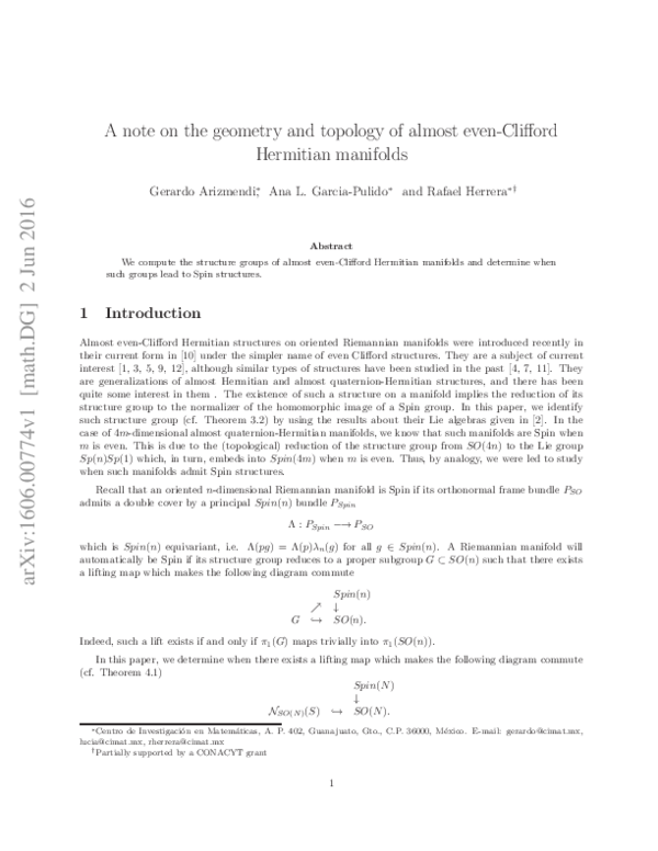 (PDF) A note on the geometry and topology of almost even-Clifford ...