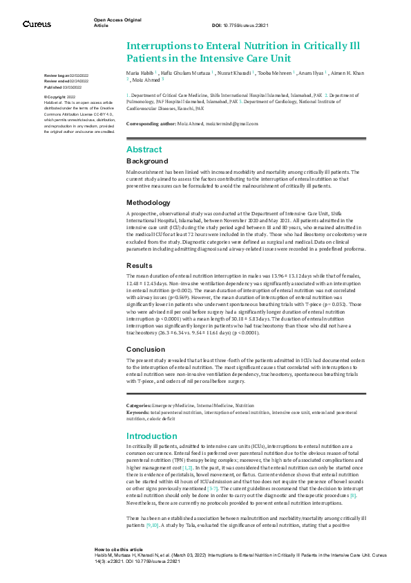 (PDF) Interruptions to Enteral Nutrition in Critically Ill Patients in ...