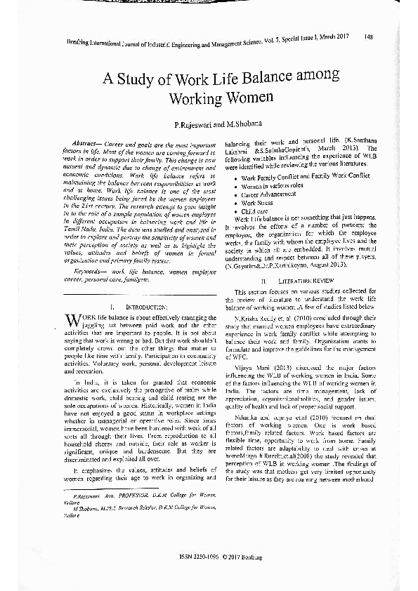 (PDF) A Study of Work life balance among Working Women