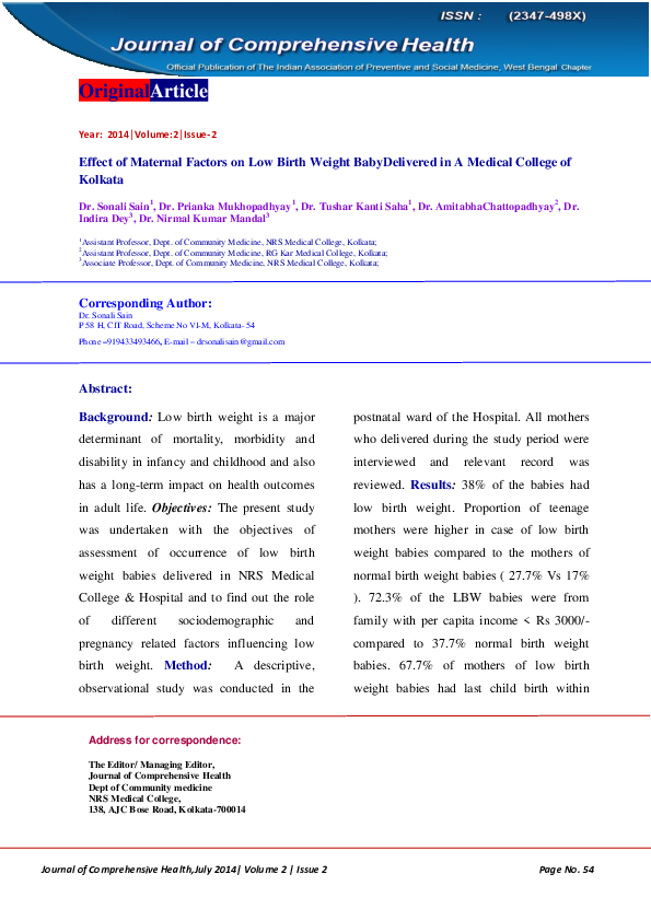 (PDF) Effect of Maternal Factors on Low Birth Weight Baby in a Medical ...