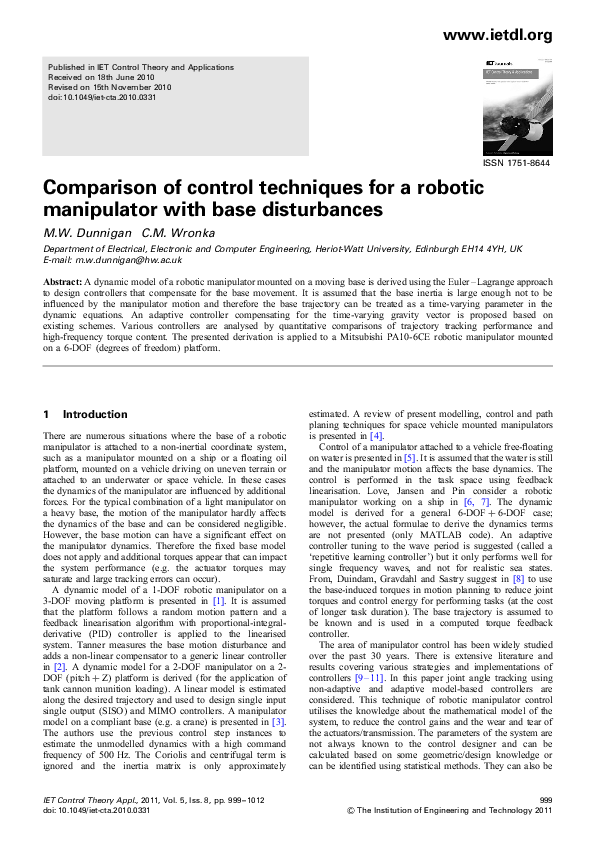 (PDF) Comparison of control techniques for a robotic manipulator with ...