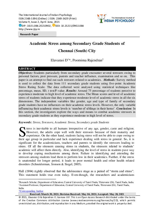 (PDF) Academic Stress among Secondary Grade Students of Chennai (South ...