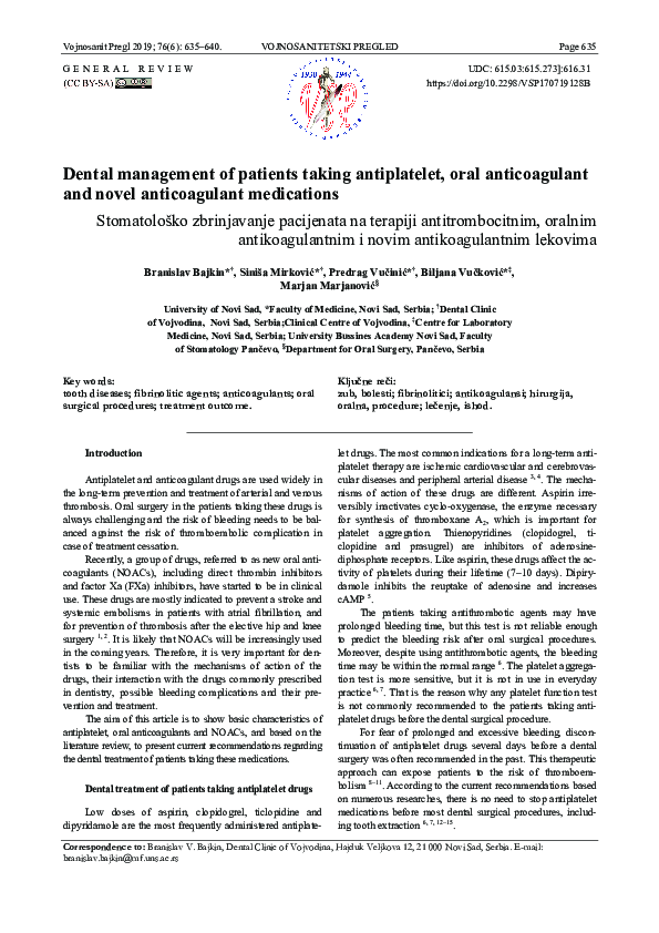 (PDF) Dental management of patients taking antiplatelet, oral ...