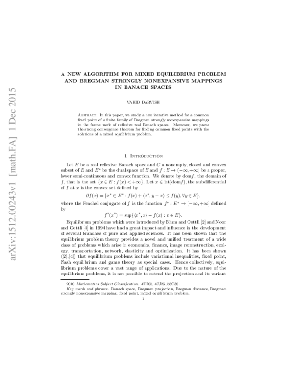 (PDF) A new algorithm for mixed equilibrium problem and Bregman ...