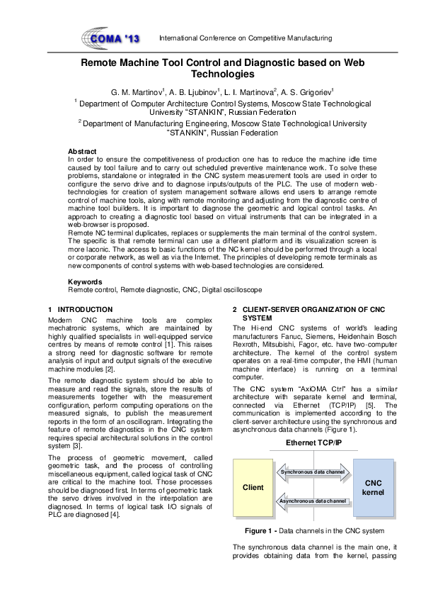 (PDF) Remote Machine Tool Control and Diagnostic Based on Web Technologies