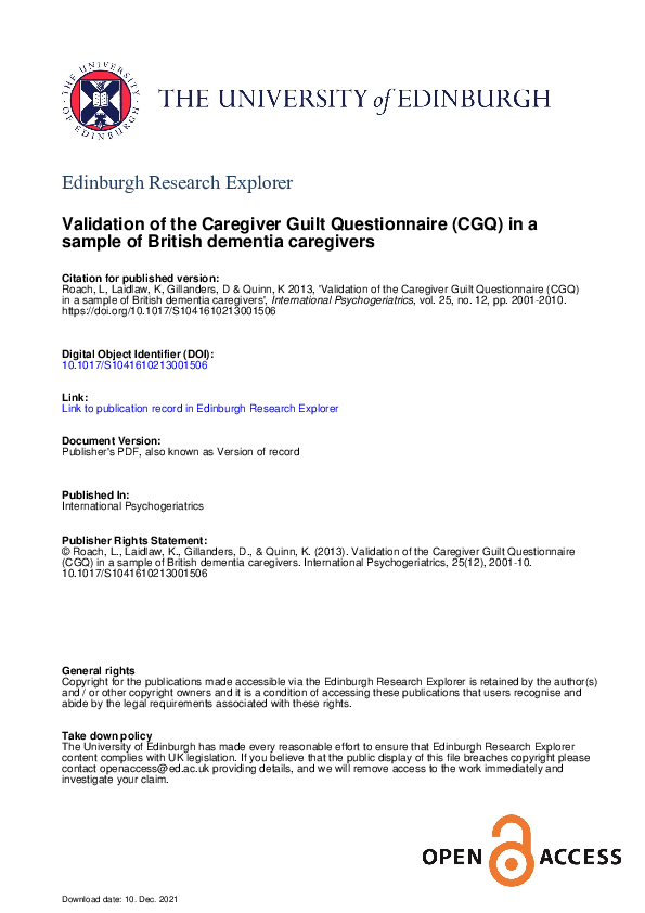(PDF) Validation of the Caregiver Guilt Questionnaire (CGQ) in a sample ...