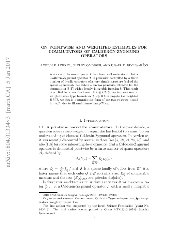(PDF) On weighted weak type estimates of the commutators of Calder\'on ...