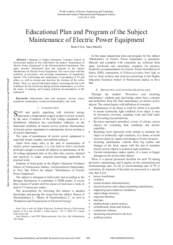 (PDF) Educational Plan and Program of the Subject: Maintenance of ...