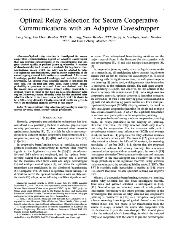 (PDF) Optimal Relay Selection for Secure Cooperative Communications ...