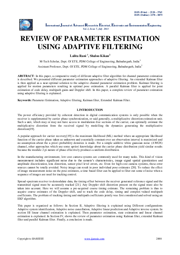 (PDF) Review of Parameter Estimationusing Adaptive Filtering