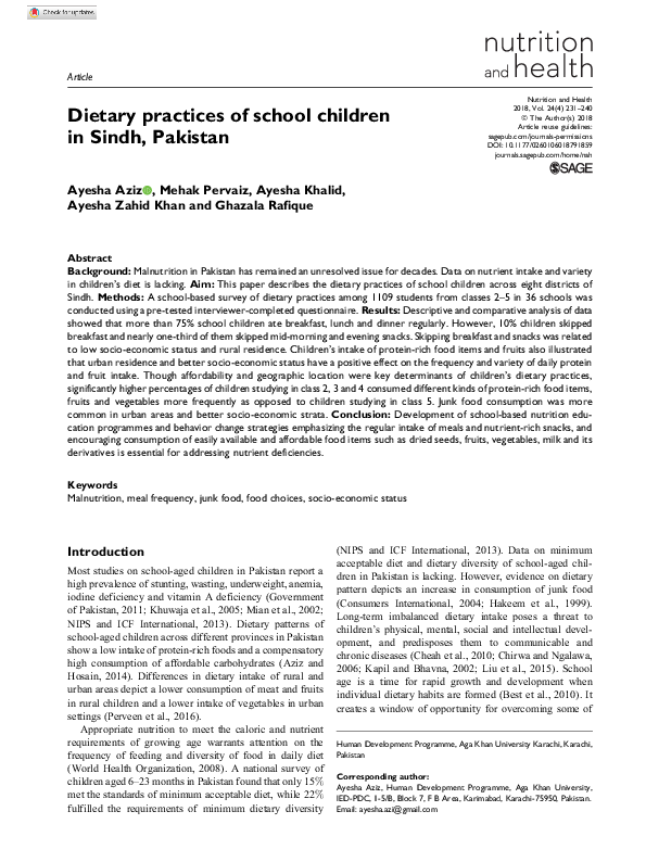 (PDF) Dietary practices of school children in Sindh, Pakistan
