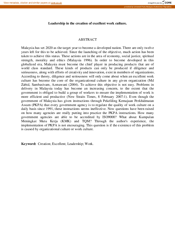 (PDF) Leadership in the creation of excellent work culture
