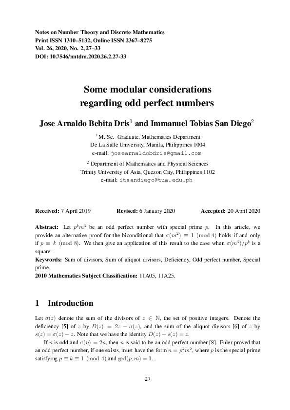 (PDF) Some modular considerations regarding odd perfect numbers