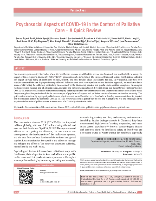 (PDF) Psychosocial aspects of COVID-19 in the context of palliative ...