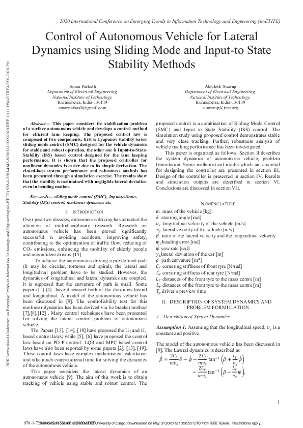 (PDF) Control of Autonomous Vehicle for Lateral Dynamics using Sliding ...