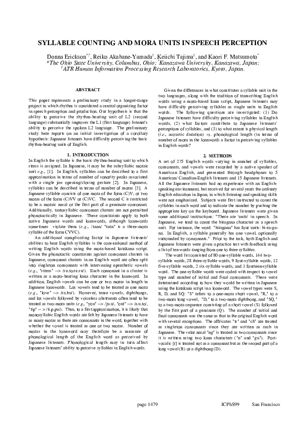 (PDF) Syllable counting and mora units in speech perception
