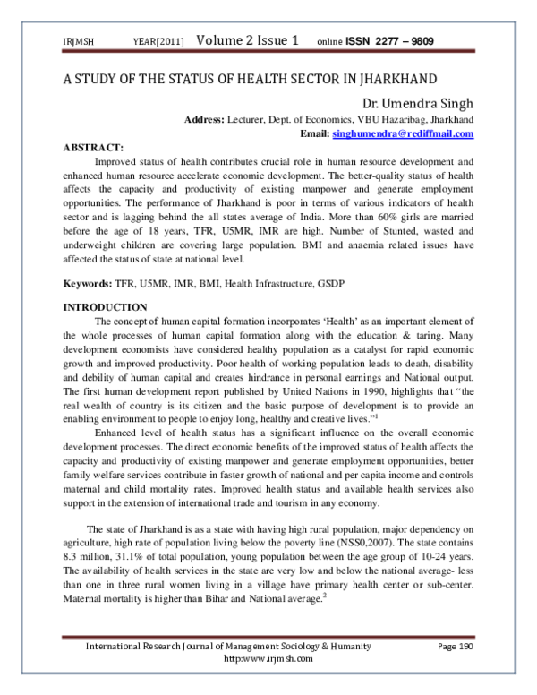 (PDF) A STUDY OF THE STATUS OF HEALTH SECTOR IN JHARKHAND