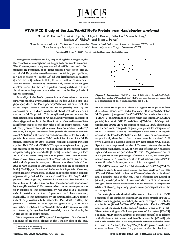 (PDF) VTVH-MCD Study of the ΔnifBΔnifZ MoFe Protein from Azotobacter ...