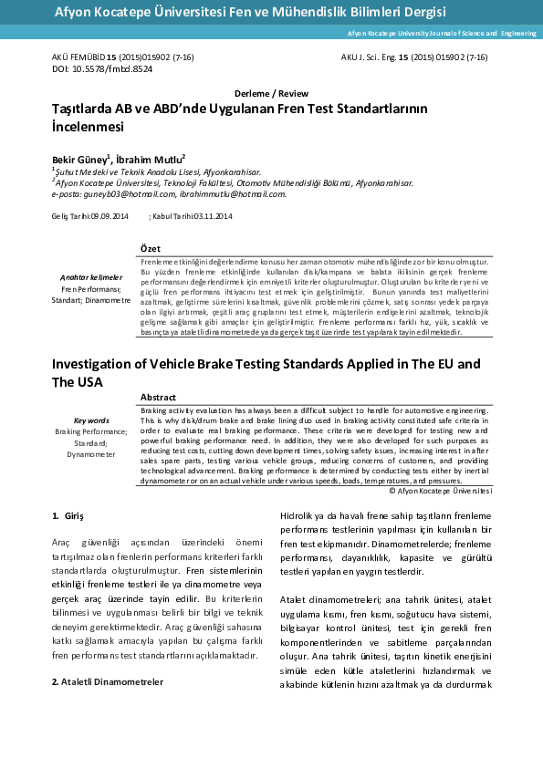 (PDF) Investigation of Vehicle Brake Testing Standards Applied in The
