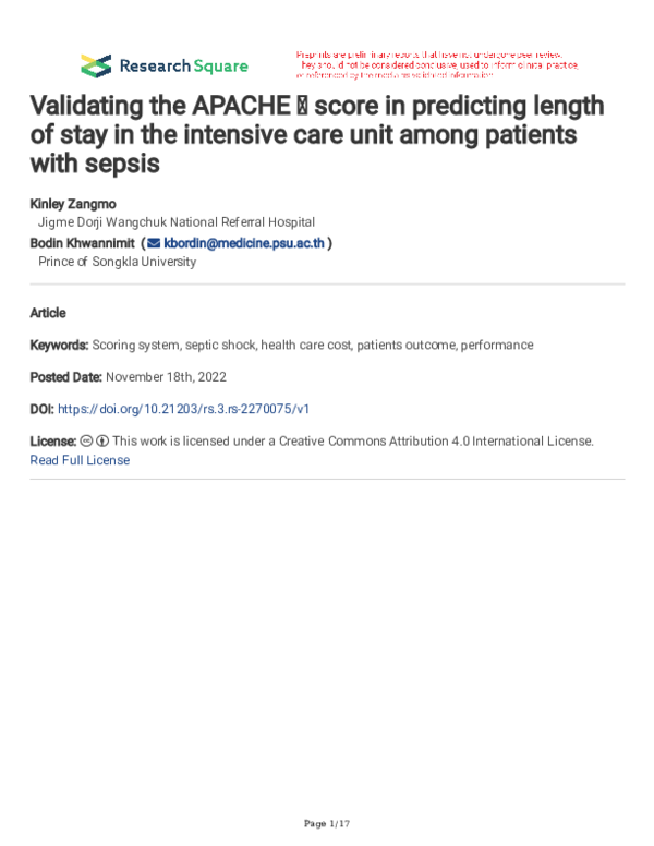 (PDF) Validating the APACHE Ⅳ score in predicting length of stay in the ...