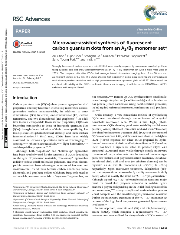 (PDF) Microwave-assisted synthesis of fluorescent carbon quantum dots ...