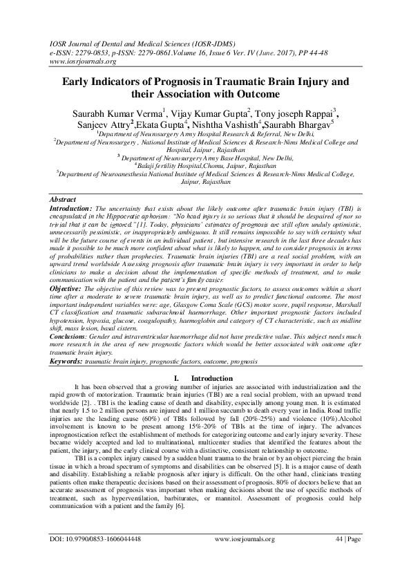 (PDF) Early Indicators of Prognosis in Traumatic Brain Injury and their ...