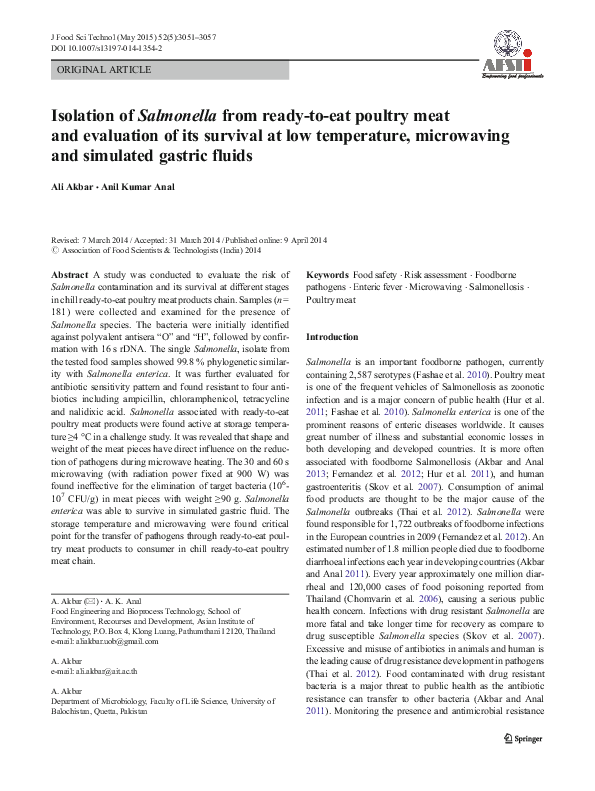 (PDF) Isolation of Salmonella from ready-to-eat poultry meat and ...