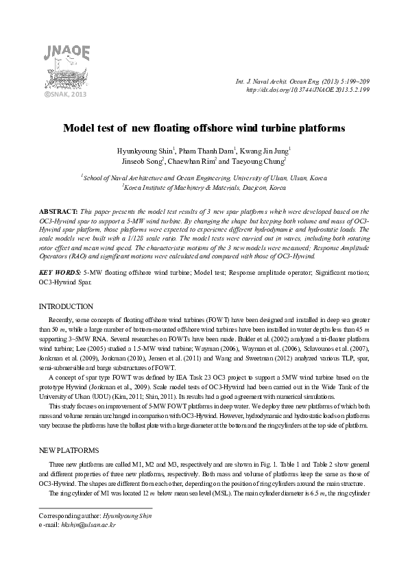 (PDF) Model test of new floating offshore wind turbine platforms