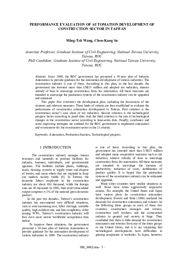 (PDF) Performance Evaluation of Automation Development of Construction ...