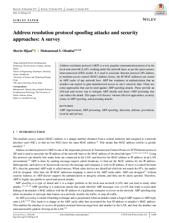 (PDF) Address resolution protocol spoofing attacks and security ...