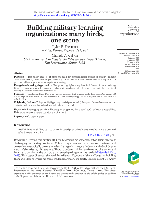 (PDF) Building military learning organizations: many birds, one stone