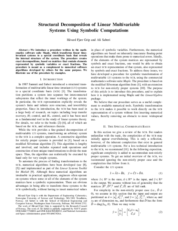 (PDF) Structural decomposition of linear multivariable systems using ...