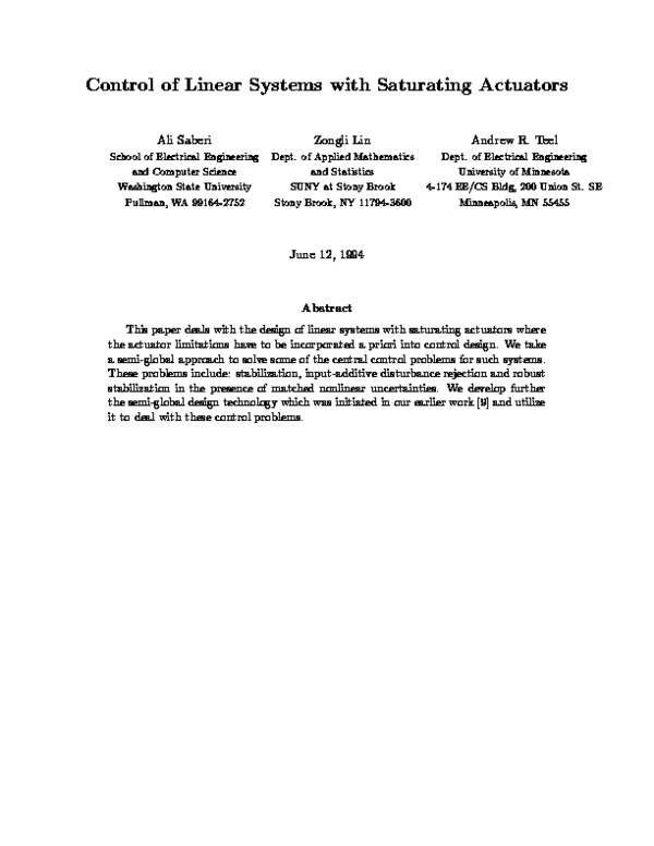 (PDF) Control of linear systems with saturating actuators