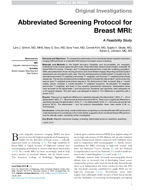 (PDF) Abbreviated Screening Protocol for Breast MRI: A Feasibility Study
