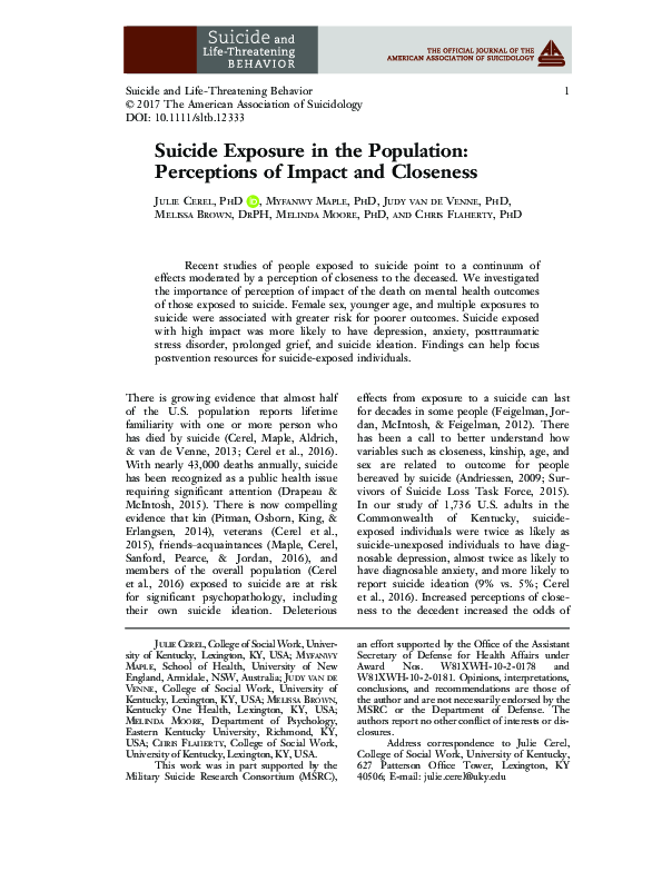 (PDF) Suicide Exposure in the Population: Perceptions of Impact and ...