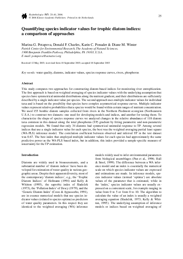 (PDF) Quantifying species indicator values for trophic diatom indices ...
