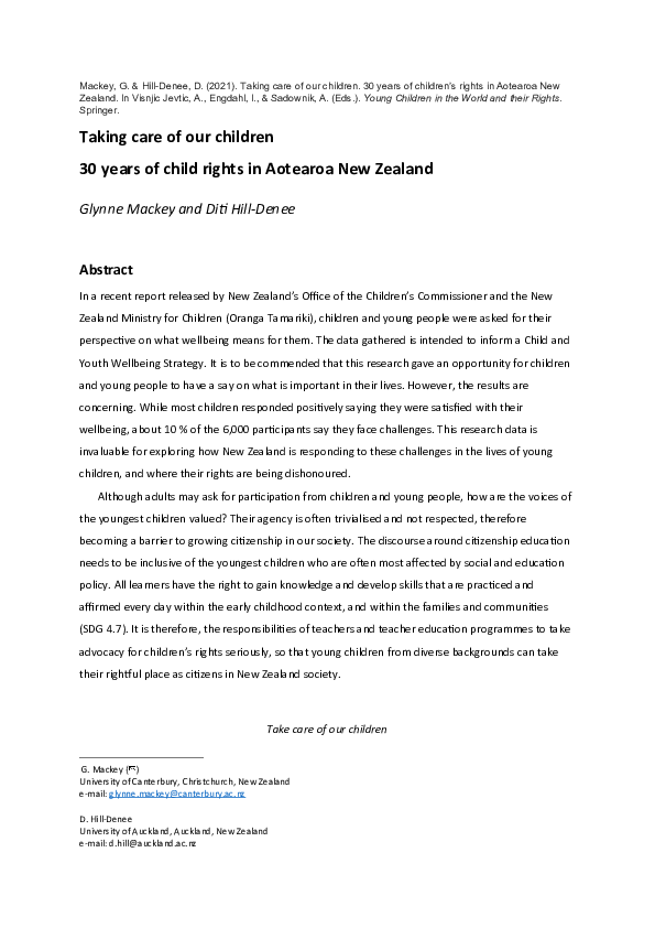 (DOC) Taking Care of Our Children: 30 Years of Child Rights in Aotearoa ...