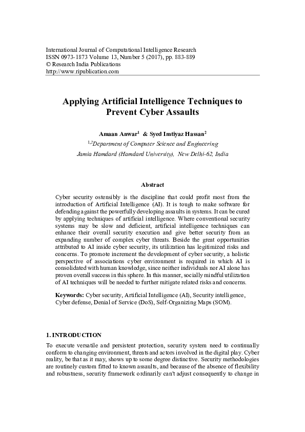 (PDF) Applying Artificial Intelligence Techniques to Prevent Cyber Assaults
