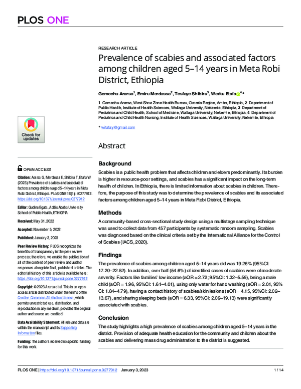 (PDF) Prevalence of scabies and associated factors among children aged ...