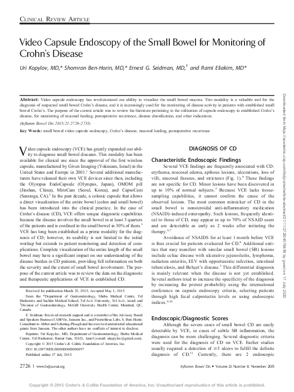 (PDF) Video Capsule Endoscopy of the Small Bowel for Monitoring of ...