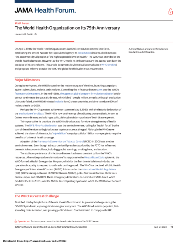 (PDF) The World Health Organization on Its 75th Anniversary