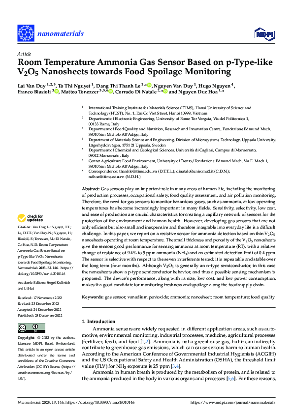 (PDF) Room Temperature Ammonia Gas Sensor Based on p-Type-like V2O5 ...