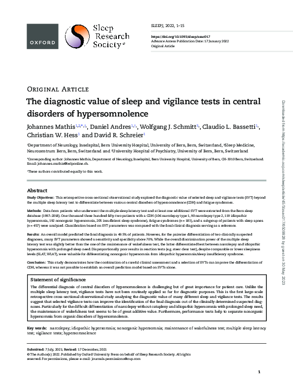 (PDF) The diagnostic value of sleep and vigilance tests in central ...