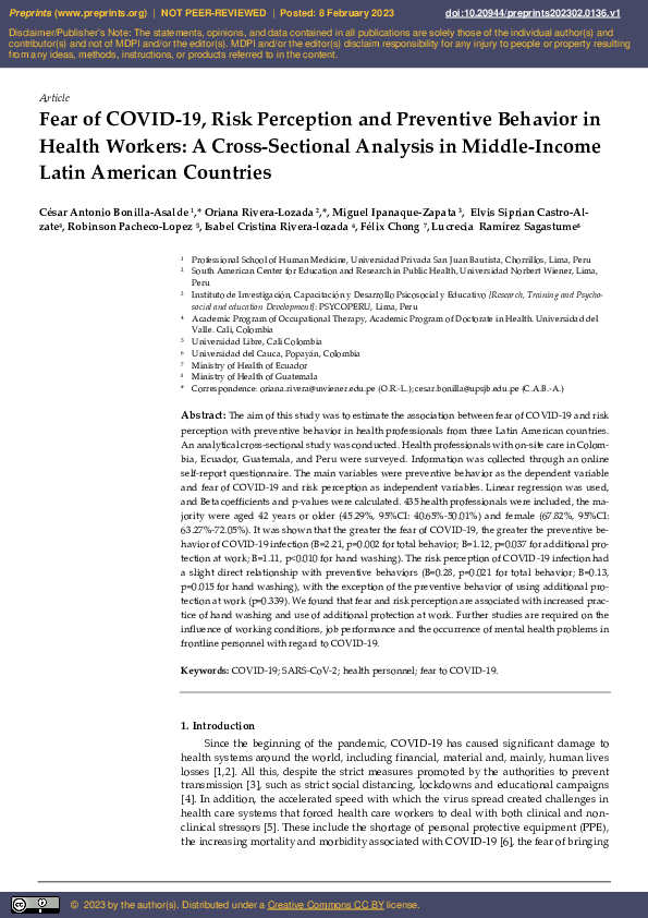 (PDF) Fear of COVID-19, Risk Perception and Preventive Behavior in ...
