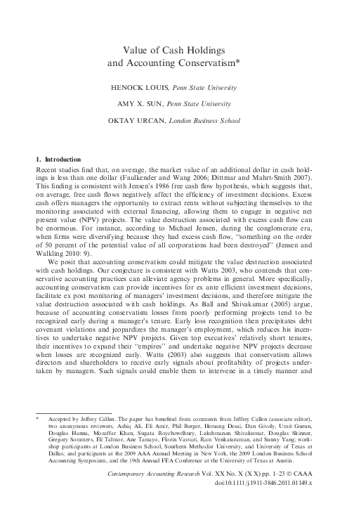 (PDF) Value of Cash Holdings and Accounting Conservatism*