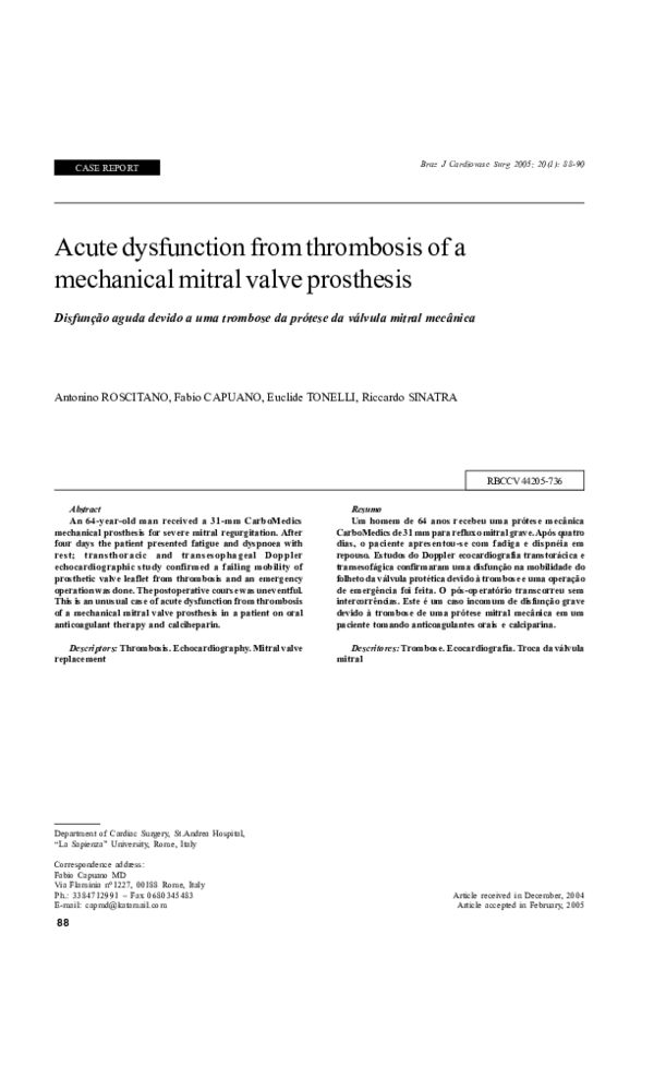 (PDF) Acute dysfunction from thrombosis of a mechanical mitral valve ...