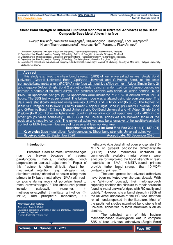 (PDF) Shear Bond Strength of Different Functional Monomer in Universal ...